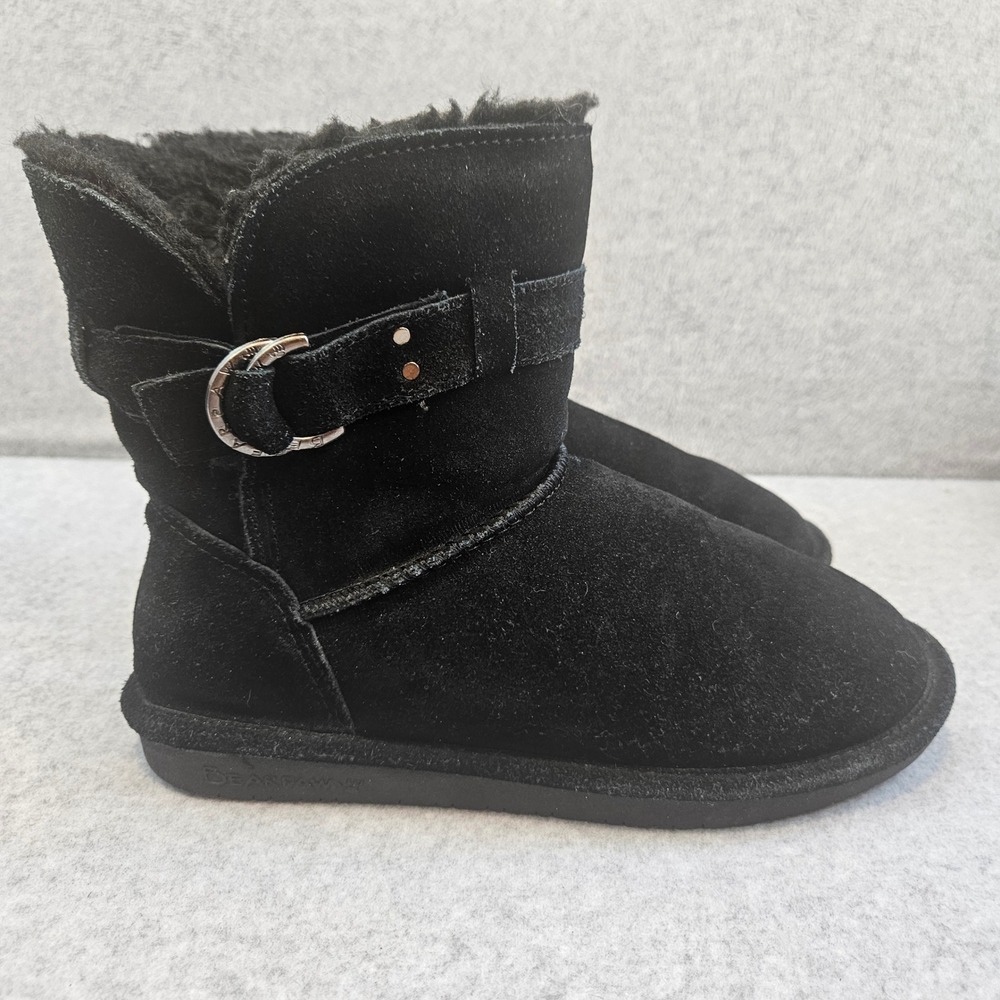 BEARPAW TESSA | Womens 8 Black Suede Ankle Boots Wool Lining Buckle Granolachirl